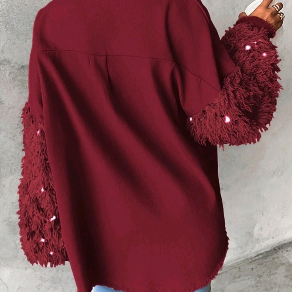 Spring & Fall Turn-Down Collar Contrast Sequin Raw Hem Button Front Jacket - Picture 3 of 5